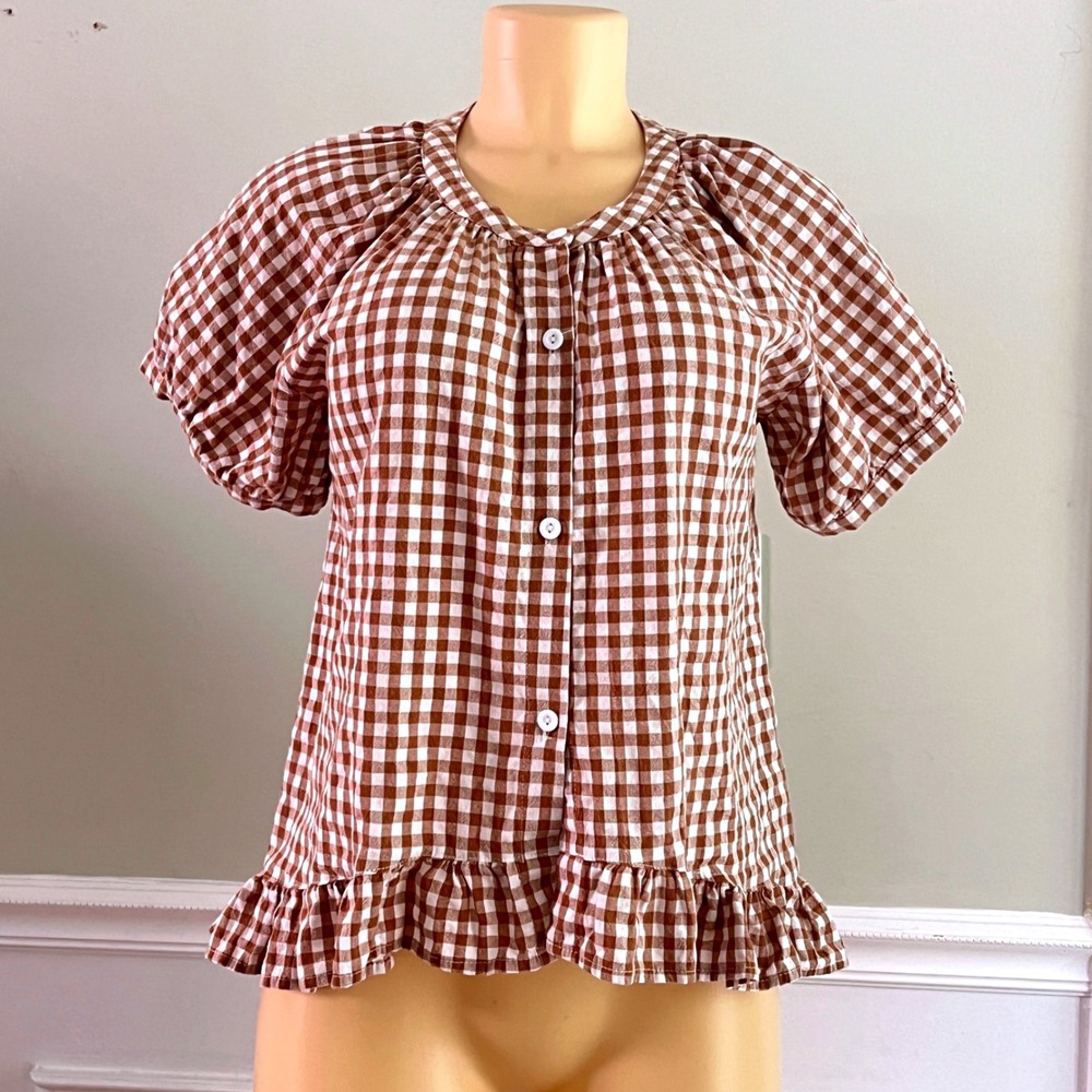 Flygo Fashion Gingham Blouse S Women Puff Sleeve Ruffle Hem Brown Cottagecore